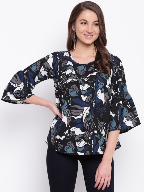 Mayra Women Black & Blue Floral Print A-Line Top