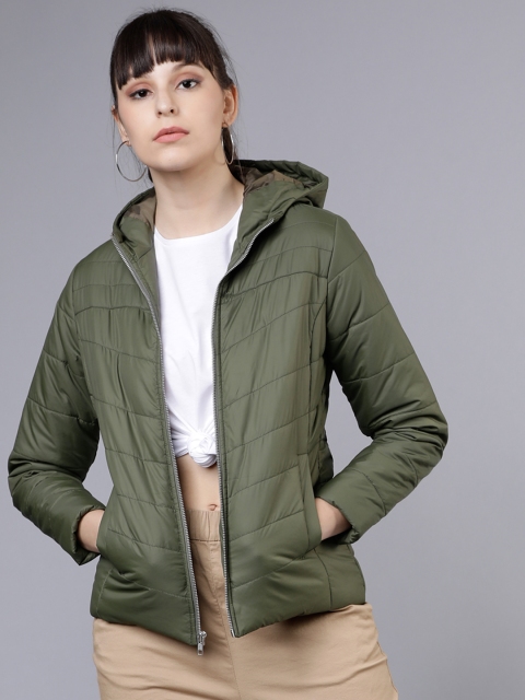 Tokyo Talkies Women Olive Green Solid Hooded Jacket
