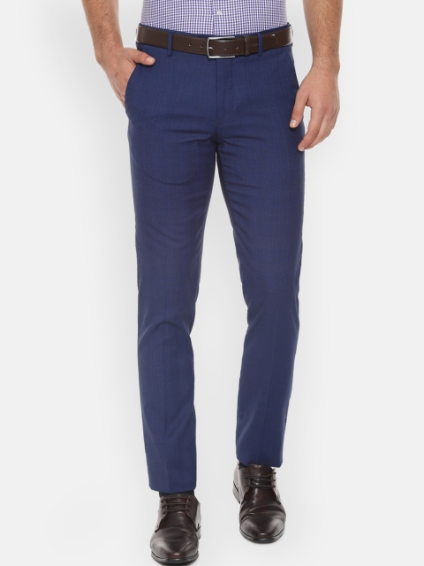Van Heusen Men Navy Blue Slim Fit Checked Formal Trousers
