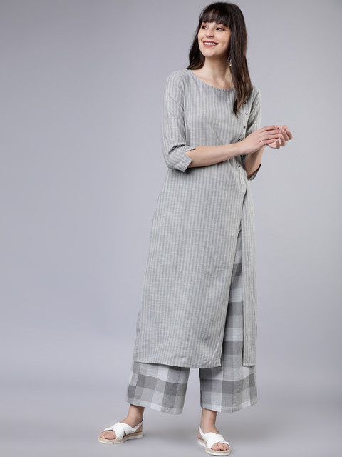 Vishudh Women Grey Striped Kurti with Palazzos 
Vishudh Women Grey Striped Kurti with Palazzos