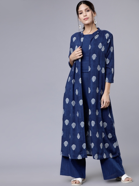 Vishudh Women Navy Blue Solid Top with Palazzos & Shrug