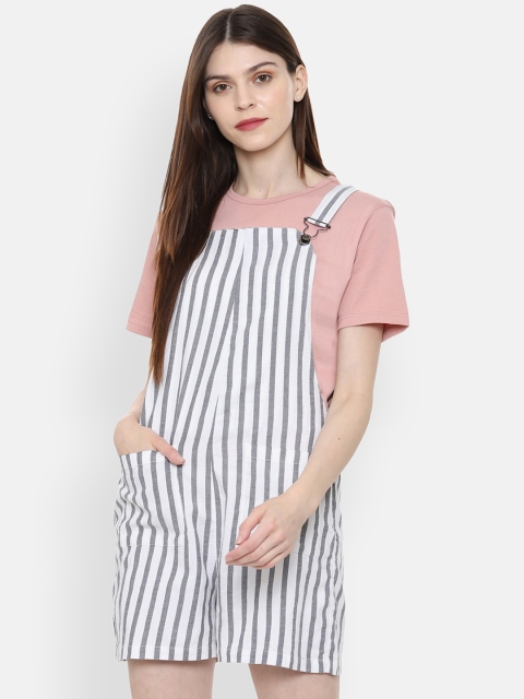 People Women White & Grey Striped Dungarees