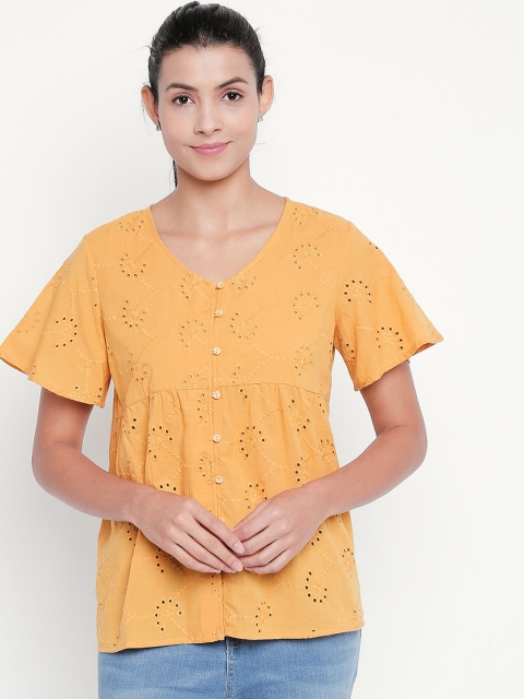 Honey by Pantaloons Women Mustard Yellow Self Design Pure Cotton Shirt Style Pure Cotton Top