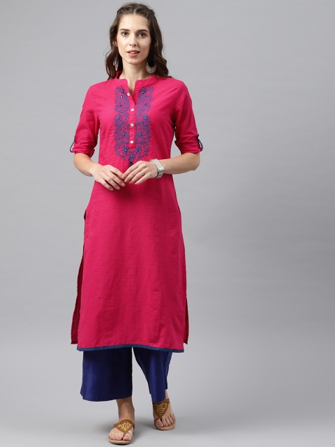 Alena Women Fuchsia Pink Yoke Design Straight Kurta