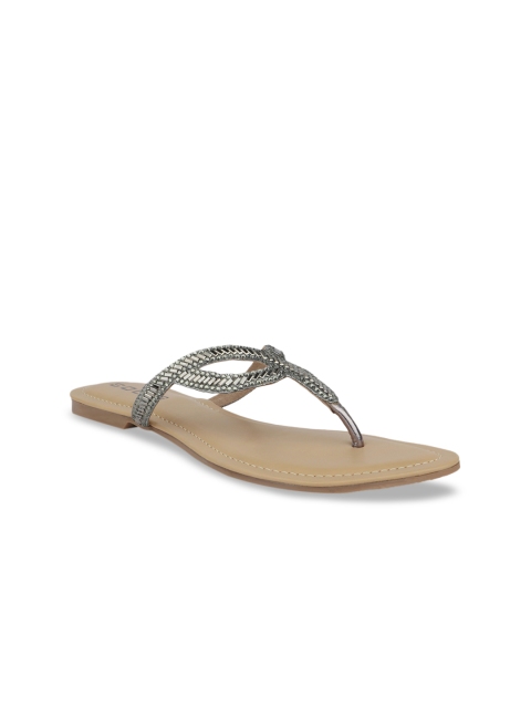 SOLES Women Gunmetal-Toned Solid Open Toe Flats, Metallic