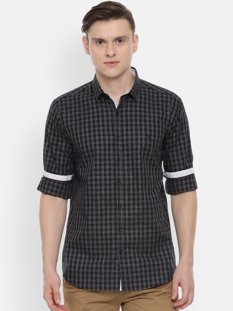 V Dot Men Grey & Black Slim Fit Checked Casual Shirt