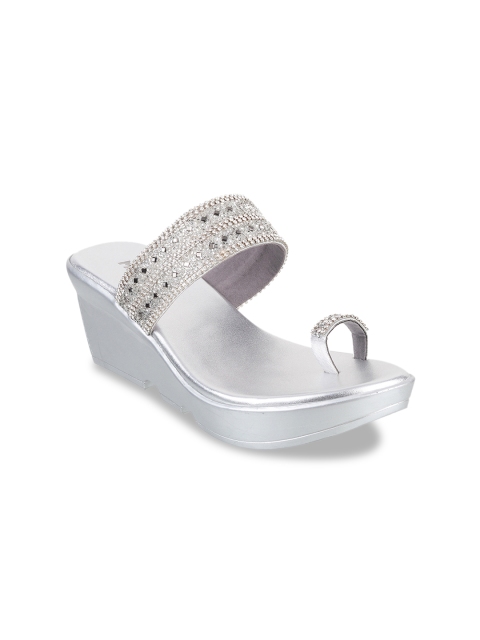 Mochi Women Silver-Toned Solid Sandals