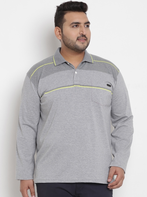 John Pride Plus Size Men Grey Striped Stretchable Polo Collar T-shirt
