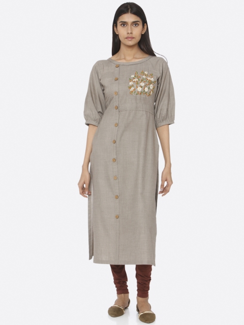 RAISIN Women Grey Embroidered Khadi Straight Kurta