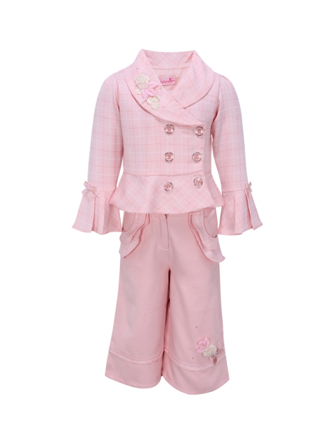 CUTECUMBER Girls Pink & Pink Checked Coat with Trousers