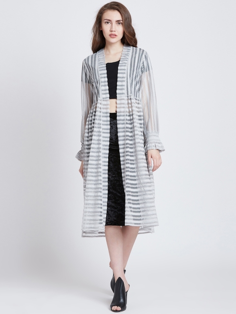 MAGRE Women Grey Self Design Open Front Semi-Sheer Shrug