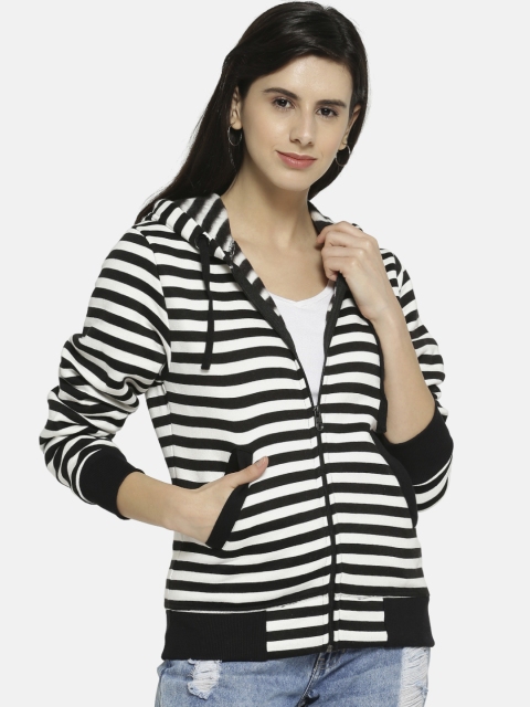 Campus Sutra Women White & Black Striped Hooded Sweatshirt