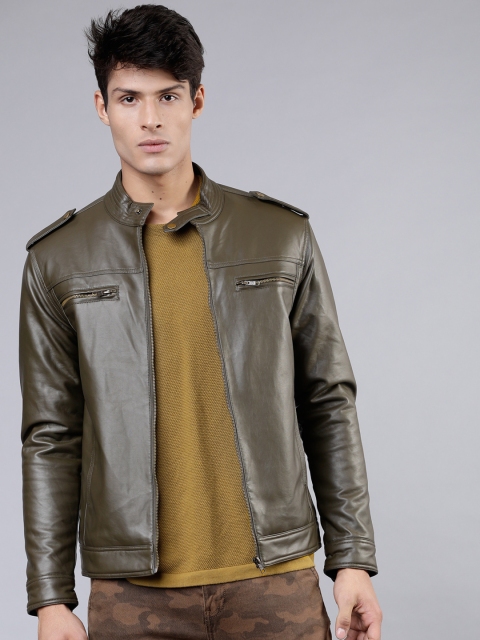 LOCOMOTIVE Men Olive Green Solid Leather Jacket