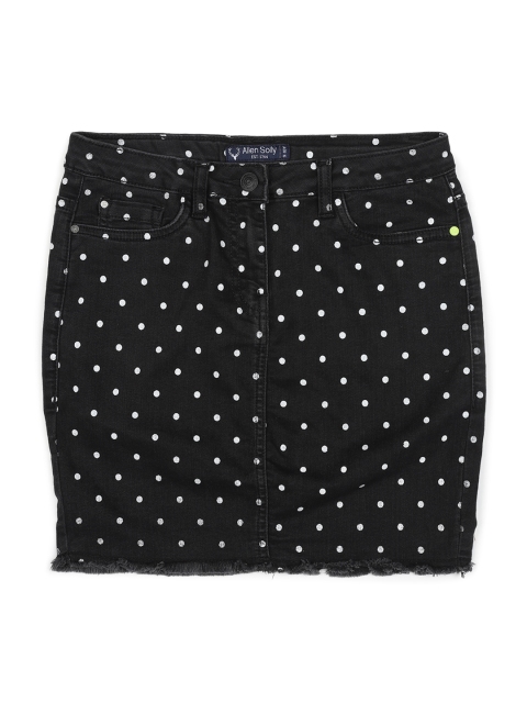 Allen Solly Junior Girls Black & White Printed Denim Straight Mini Skirt