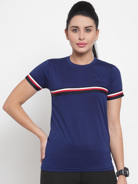 Boston Club Women Blue Striped Round Neck Gym T-shirt