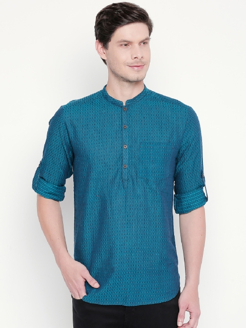 indus route by Pantaloons Men Teal Blue Woven Design Straight Kurta