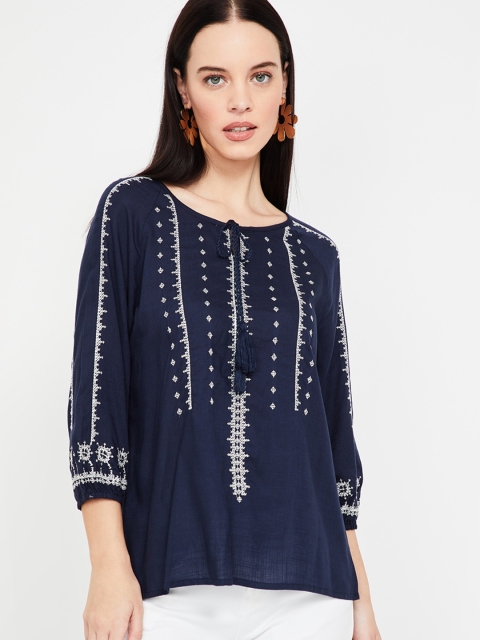 Fame Forever by Lifestyle Women Navy Blue Printed A-Line Top