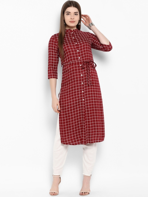 ETHNIC STREET Women Maroon Checked Straight Kurta