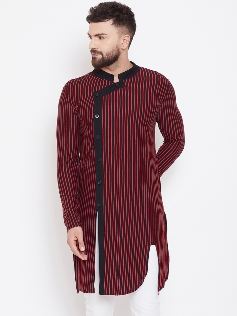 Hypernation Men Red & Black Striped Straight Kurta