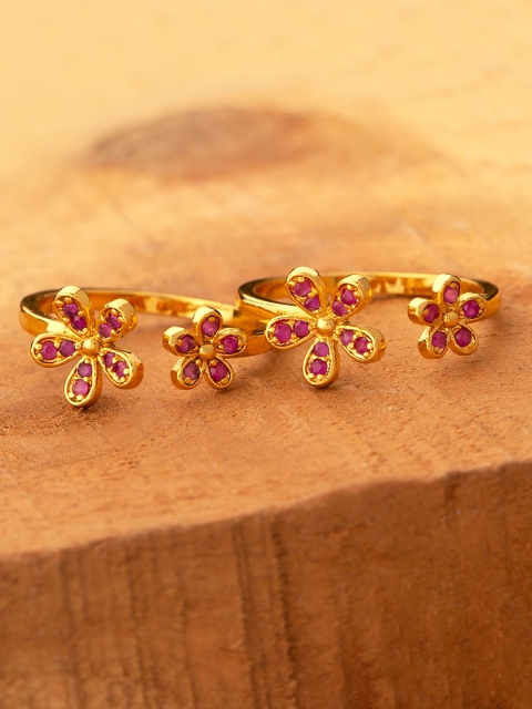 Voylla Women Set of 2 Brass-Plated Gold-Toned & Pink CZ-Studded Toe Rings