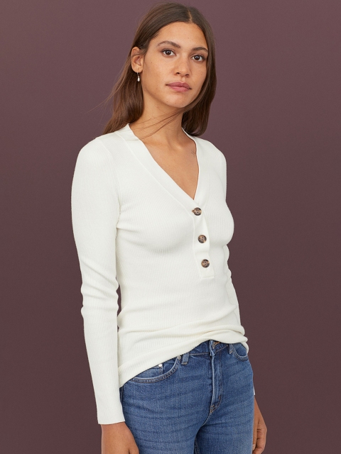 H&M Women White Ribbed Jumper