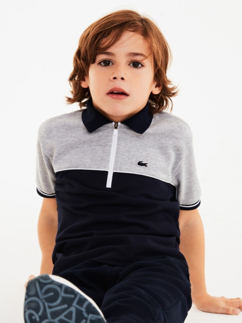 Lacoste Boys Grey & Black Colourblocked Polo Collar T-shirt