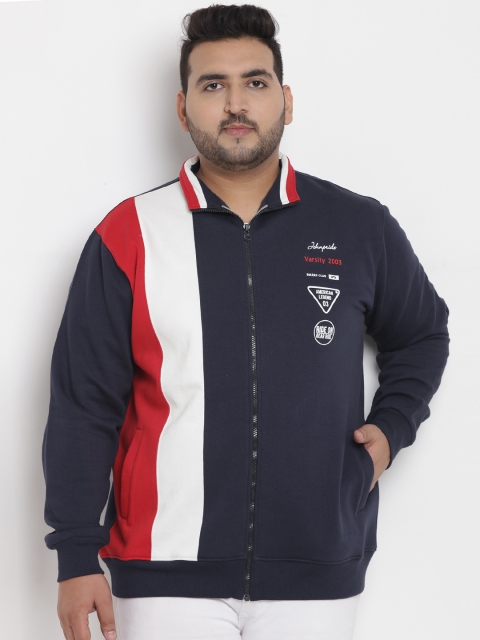 John Pride Plus Size Men Navy Blue White Colourblocked Sweatshirt