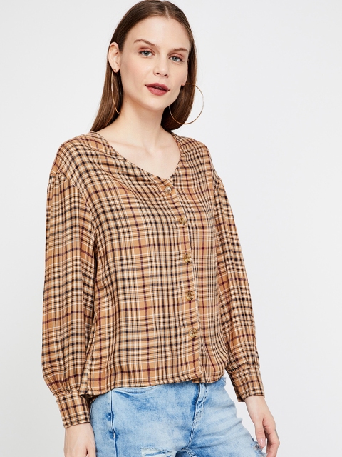 Fame Forever by Lifestyle Women Beige Checked Shirt Style Top