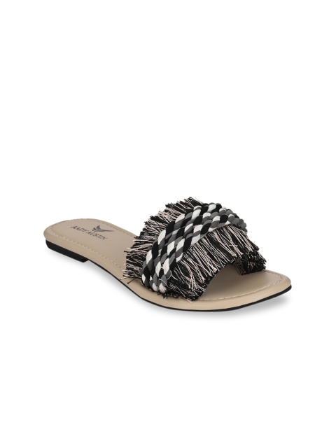 AADY AUSTIN Women Black & Grey Woven Design Open Toe Flats