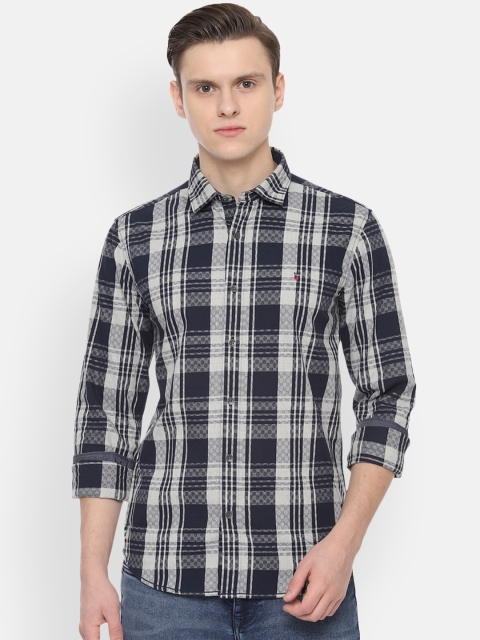 Louis Philippe Jeans Men Navy Blue & Off-White Slim Fit Checked Casual Shirt