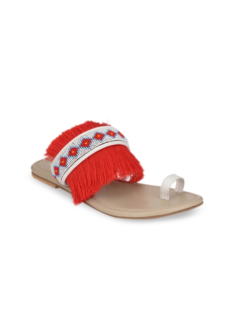AADY AUSTIN Women Red Embellished Fringed One Toe Flats