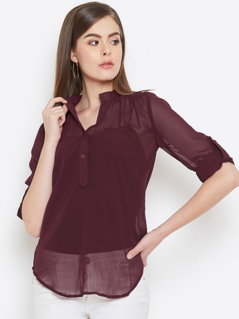 PURYS Women Maroon Solid Shirt Style Top