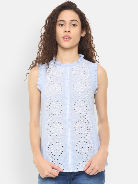 People Women Blue & White Schiffli A-Line Top