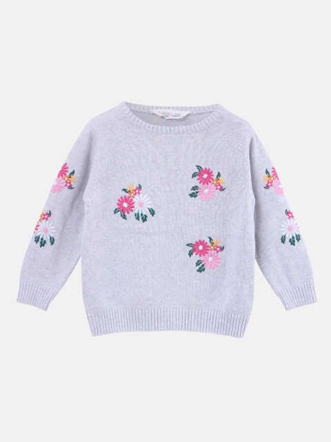 Beebay Girls Grey Self Design Knitted Sweater