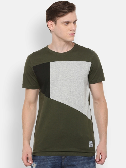 People Men Olive Green Colourblocked Round Neck T-shirt
