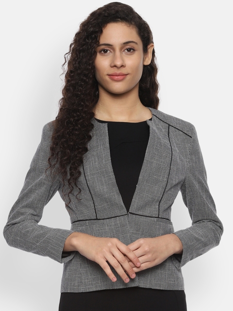 Van Heusen Woman Navy Blue Self-Design Single-Breasted Blazer, Grey