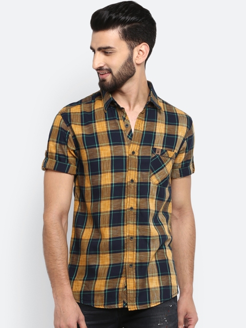 Mufti Men Mustard Yellow Slim Fit Checked Casual Shirt