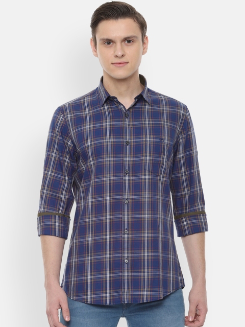 Van Heusen Sport Men Navy Blue & Off-White Slim Fit Checked Casual Shirt