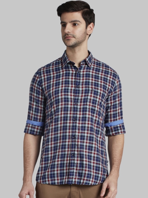 Parx Men Navy Blue & Red Slim Fit Checked Casual Shirt