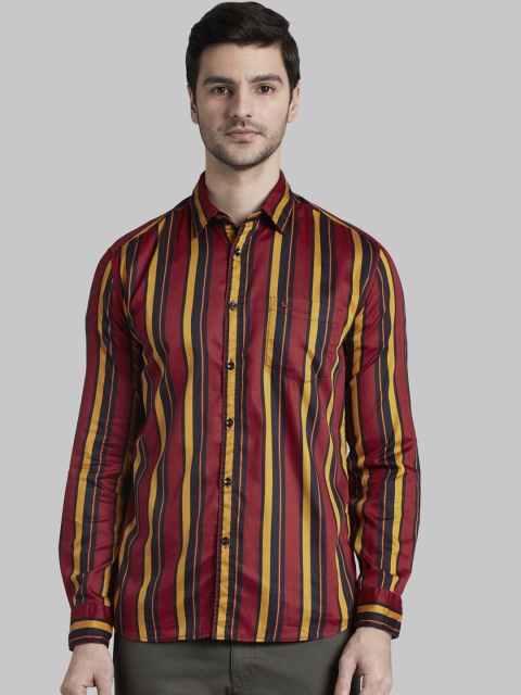 Parx Men Rust Red & Yellow Slim Fit Striped Casual Shirt
