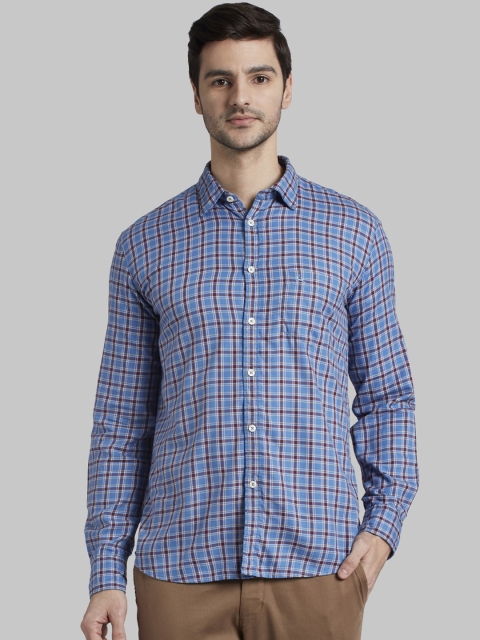 Parx Men Blue & Maroon Slim Fit Checked Casual Shirt