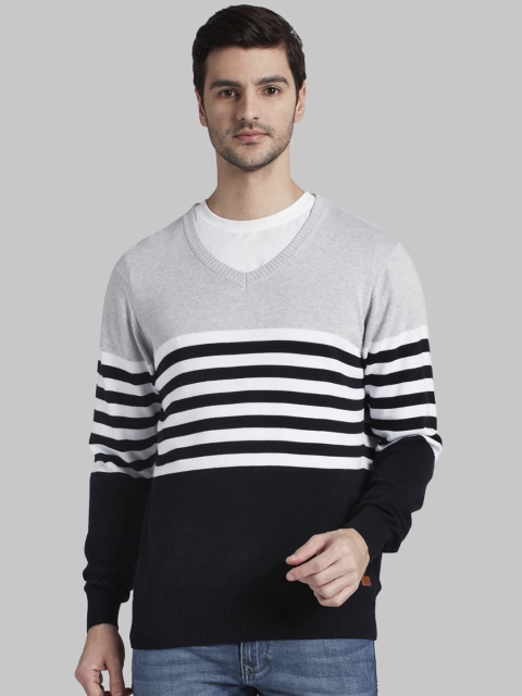 Parx Men Grey & Navy Blue Striped Sweater