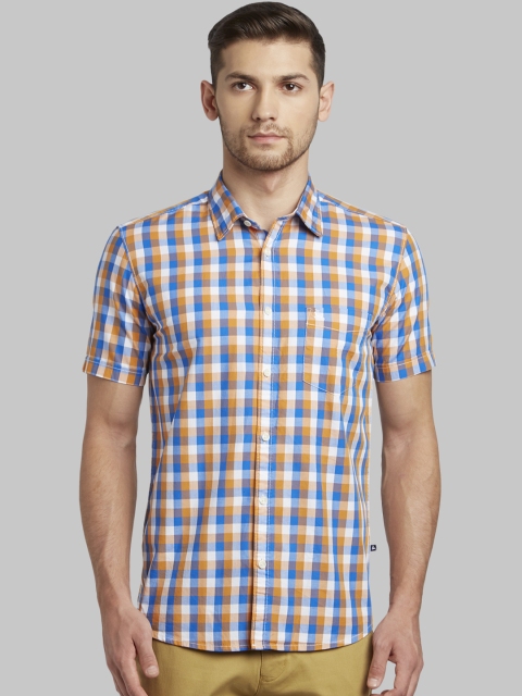 Parx Men Orange & Blue Slim Fit Checked Casual Shirt