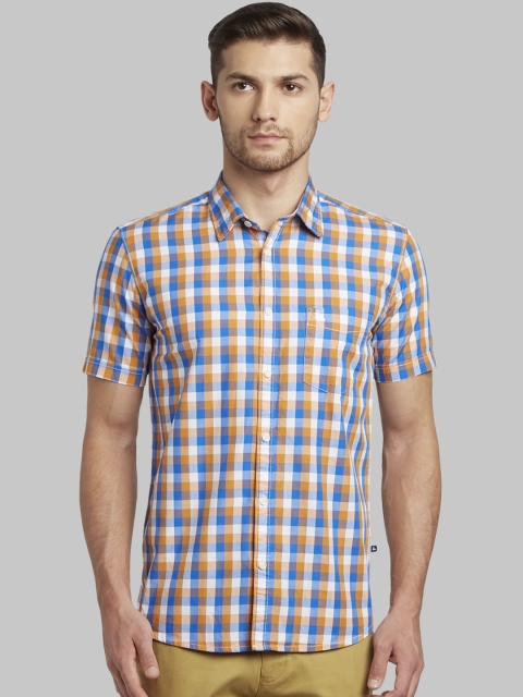 Parx Men Orange & Blue Slim Fit Checked Casual Shirt