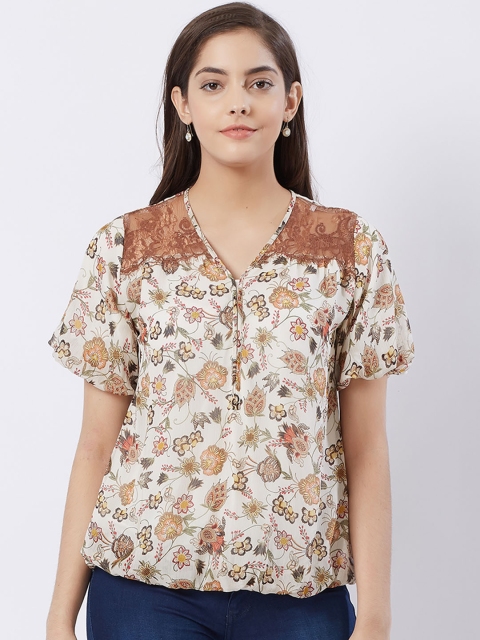 Fusion Beats Women Off-White & Brown Floral Printed Blouson Top