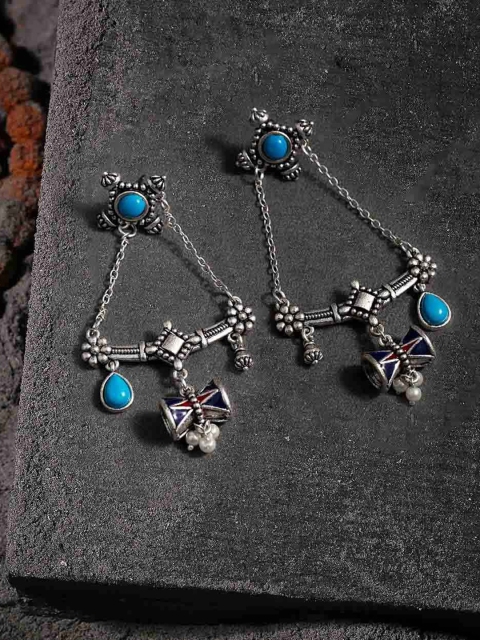 Voylla Oxidised Silver-Plated & Blue Contemporary Drop Earrings