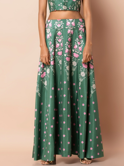 INDYA Women Green & Pink Printed Flared Maxi Skirt