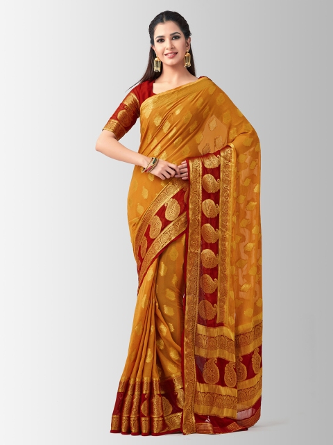 MIMOSA Brown & Red Poly Chiffon Woven Design Kanjeevaram Saree