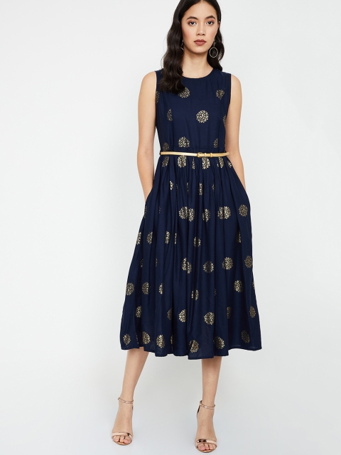 Colour Me by Melange Women Navy Blue & Gold-Toned Fit and Flare Dress