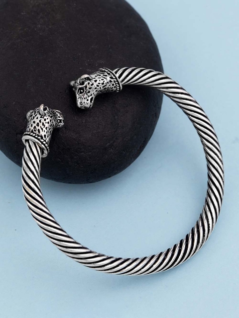 Dare by Voylla Men Silver-Plated Oxidised Kada Bracelet